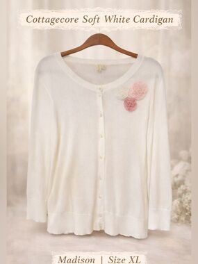 Madison Soft White Cottagecore Cardigan with Floral Detail | Size XL | GUC